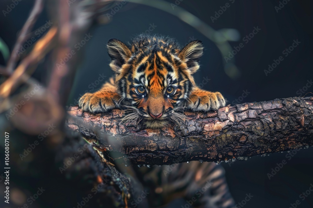 Poster a young tiger cub is resting on a tree branch, surrounded by leaves and branches