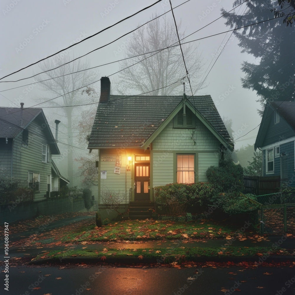 Poster a house with a light on in a foggy neighborhood, suitable for use in images related to residential a
