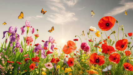 Fototapeta premium vibrant and lively meadow filled with colorful flowers and butterflies, showcasing beautiful spring scene. sun shines brightly, enhancing cheerful atmosphere