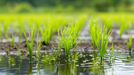 Obraz premium Close-up of vibrant green rice seedlings growing in a flooded paddy field, water droplets glistening on the leaves, showcasing the delicate beauty of nature's growth.
