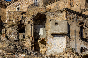 Abandoned ruins of the ghost town of Craco. A city abandoned due to an earthquake in the late 20th century. Province of Matera, Basilicata, Italy