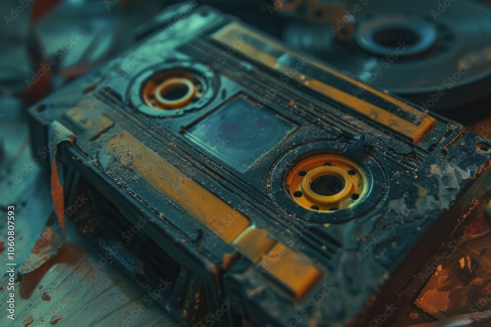 Poster a vintage cassette player sits on a table, ready for use