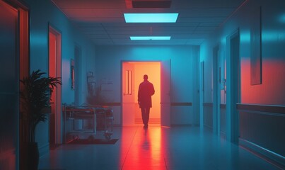 Obraz premium Neon-lit hallway with a lone figure walking away.