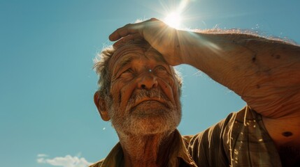 An elderly man with weathered skin shields his eyes from the sun, looking up at the bright blue sky.
