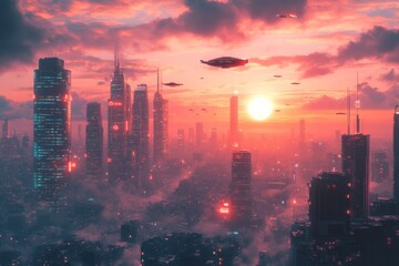Fototapeta premium Futuristic flying cars soaring over cyberpunk cityscape at sunset