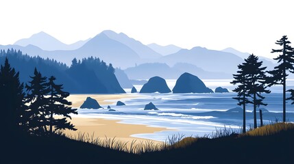 The flat illustration of the ocean, beach, and mountains in the style of Pacific Northwest style features a graphic design poster