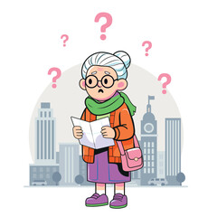 Senior citizen lady forgot the way home, grandmother is lost. Old woman suffering from dementia, loss memory, Alzheimer disease. Flat vector cartoon illustration. 