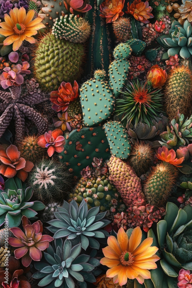 Poster collection of different cactus species found in the desert, including prickly pear and cholla