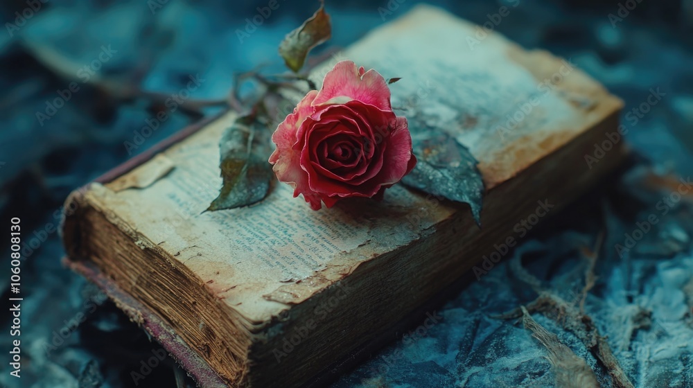 Poster a red rose sits atop an old leather-bound book, perfect for adding a touch of elegance to any scene