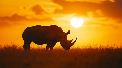 Naklejka premium A rhinoceros stands in silhouette against the setting sun in the African savanna