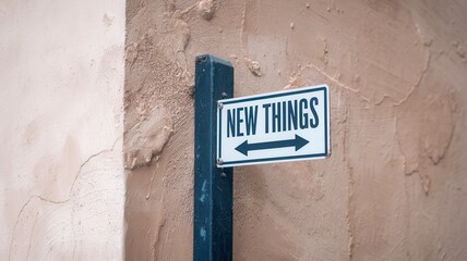 Vintage Sign "NEW THINGS" with Arrow in Urban Street Corner Setting