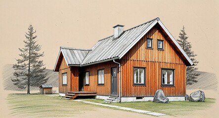 Obraz premium Scandinavian wooden house hand drawing