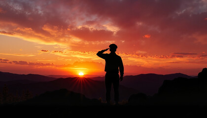 Soldier saluting during sunset against a mountain silhouette background