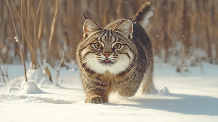 Furry, vigilant wildcat stalking its prey in a vast, wintry landscape, leaving soft paw prints in the snow as it tracks every sign in the unforgiving wilderness