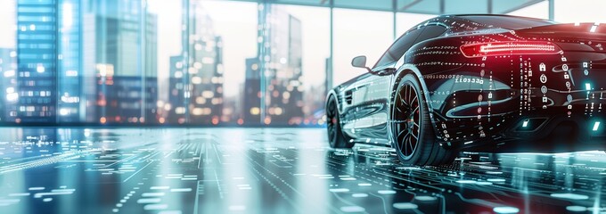 Futuristic sports car with glowing features, parked in a modern urban environment with a city skyline in the background, reflecting high-tech innovation.