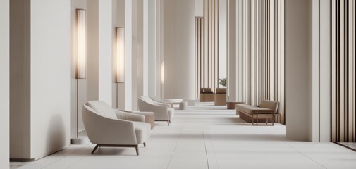 Modern interior featuring spacious corridors with elegant furniture, warm lighting, and minimalistic design, perfect for showcasing contemporary architecture.