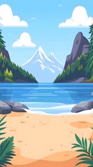 The flat illustration of the ocean, beach, and mountains in the style of Pacific Northwest style features a graphic design poster