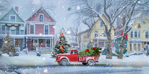 A car carries a Christmas tree along a winter, snowy street
