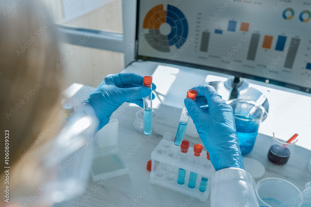 Aufkleber A skilled scientist in a lab conducts complex tests with specialized tubes and advanced methods, resulting in groundbreaking discoveries and significant advancements in research and technology