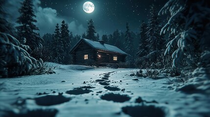 Fototapeta premium Santas footprints leading to snowy cabin, moonlight casting glow, Mysterious winter holiday