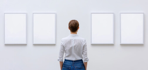 A woman admiring contemporary art at an exhibition, standing in front of four unique artistic frames, showcasing creativity and artistic expression.