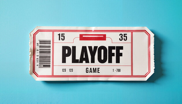 Playoff game ticket with bold letters on a bright blue background
