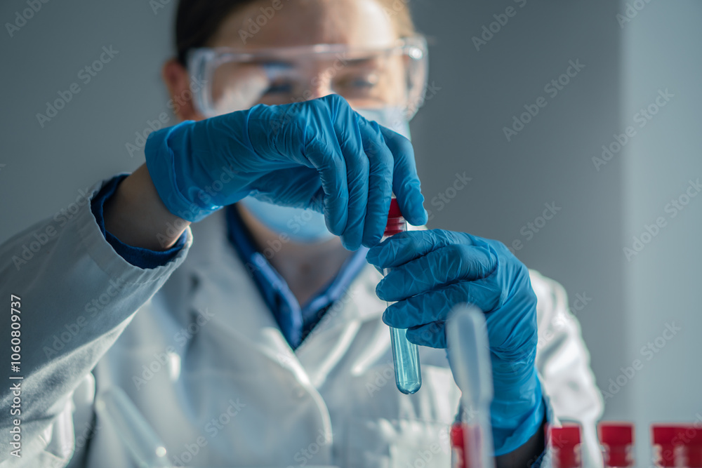 Aufkleber In a top research lab, a skilled Laboratory Technician conducts an intricate experiment, closely following protocols to ensure precise and accurate results in science and technology