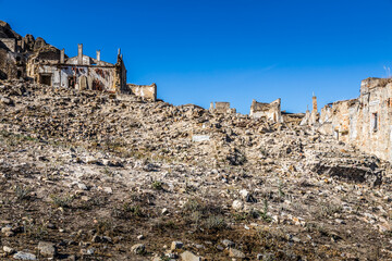 Abandoned ruins of the ghost town of Craco. A city abandoned due to an earthquake in the late 20th century. Province of Matera, Basilicata, Italy