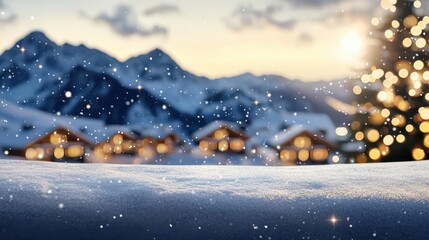 Naklejka premium Ski resort with holiday decorations, snowcapped mountains, Festive winter resort