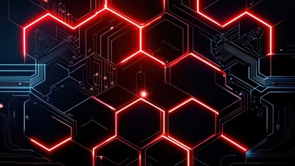 futuristic technology interface, glowing red octagonal frame, digital circuitry, holographic core, sci-fi energy core, neon lights, dark background, high-tech design, cyberpunk aesthetic, intricate de