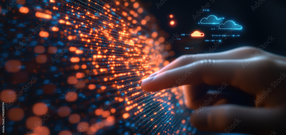 Poster Close-up of a hand interacting with a digital display of data points, illustrating concepts of big data and information technology.