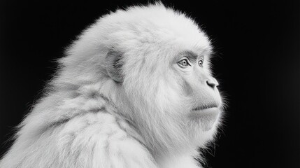 Fototapeta premium A snow monkey with white fur sits facing to the right against a black background.