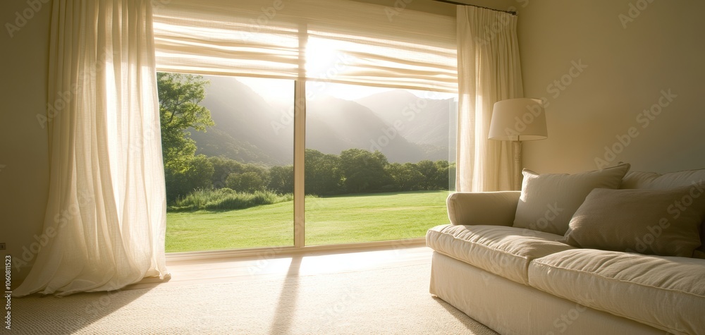 Aufkleber A cozy living room with a soft sofa, large window inviting natural light, and a view of green hills and sunlight filtering through the curtains.