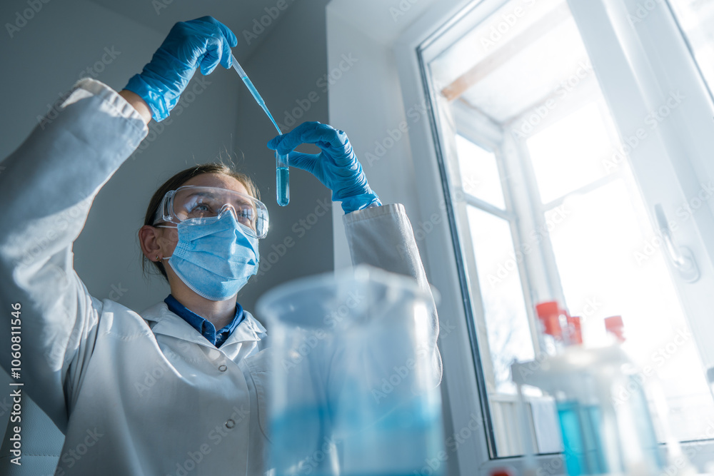 Poster A dedicated scientist is conducting an experiment within a wellequipped laboratory setting, utilizing precision tools and hightech instruments to ensure accuracy in their research and findings