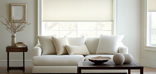 A cozy living room with a modern white sofa, decorative cushions, and a wooden coffee table, creating a warm and inviting atmosphere.