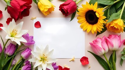 Blank card surrounded by fresh flowers on gray background
