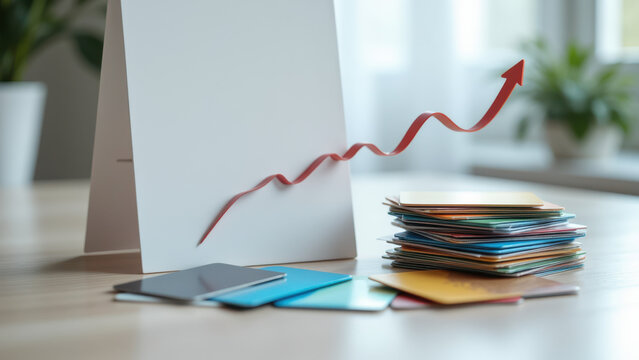 An upward trend graph on a stack of papers and cards.