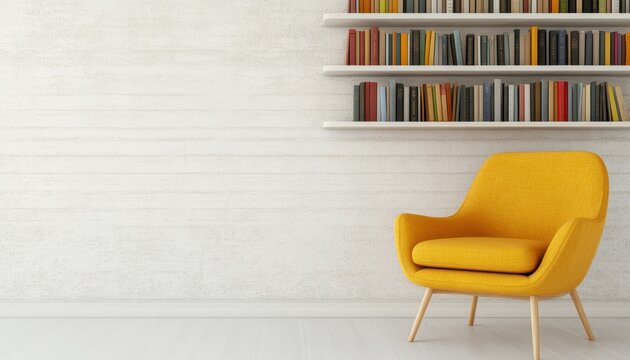 Stylish yellow chair positioned against a minimalistic white wall. Bookshelf filled with colorful books adds a cozy touch to the modern interior.