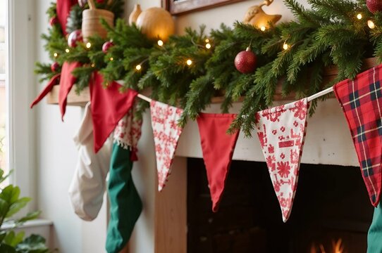 Festive Christmas Mantel with Evergreen Garland, Red Bunting, and Stockings