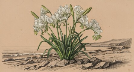 Agapanthus in a coastal landscape hand drawing