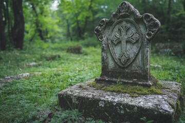 Fototapeta premium Old weathered gravestone with floral ornaments in cemetery grass