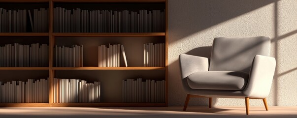 Cozy library corner with vintage bookshelves, comfy armchair, and warm lighting, inviting reading nook, 3D illustration, isolated on white background