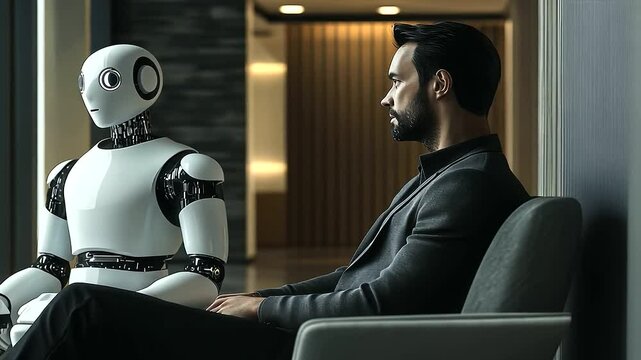 A human and an AI robot waiting together in a futuristic office for a job interview, symbolizing the integration of AI and humans in modern workplaces. The man looks thoughtful  AI