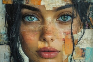 dynamic modern art collage featuring a young womans portrait blending various textures and colors that reflect contemporary style and artistic expression in a playful composition