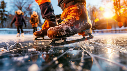 Joyful winter scene featuring ice skates on frozen pond, capturing excitement of skating. sun sets, creating warm glow, enhancing cheerful atmosphere