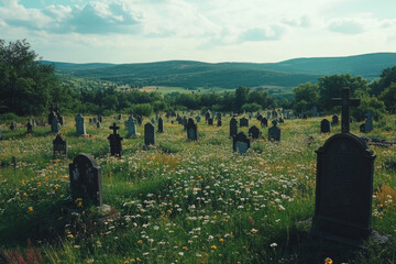 Naklejka premium Tombstones covering the ground in a cemetery at sunrise with mountains in the background