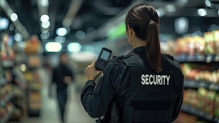 A female security guard wearing a black uniform with the word "SECURITY" on her back is holding a walkie-talkie and patrolling in a supermarket, Generative Ai 
