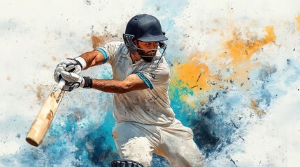 Cricket batsman hitting the ball, intense concentration, watercolor style