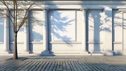 Obraz premium Classical architecture, grand columns, white marble facade, sunlit building exterior, dramatic shadows, ornate architectural details, neoclassical design, imposing structure, blue sky with clouds, sto