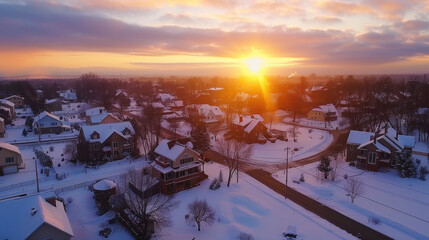 picturesque winter sunset over small town, showcasing snow covered rooftops and serene streets. warm glow of sun contrasts beautifully with cold landscape, creating tranquil atmosphere
